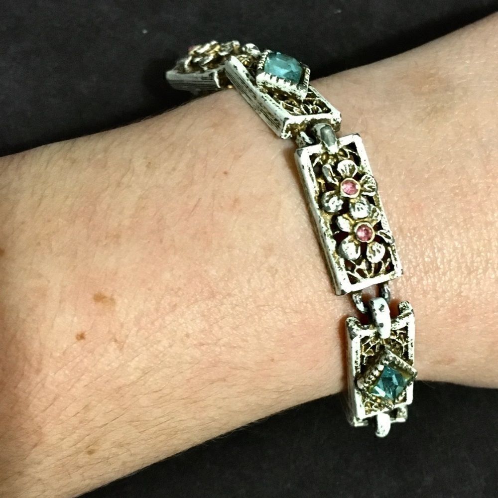 Vintage Bracelet, Raised Flowers, White Wash Distressed Style with Rhinestones